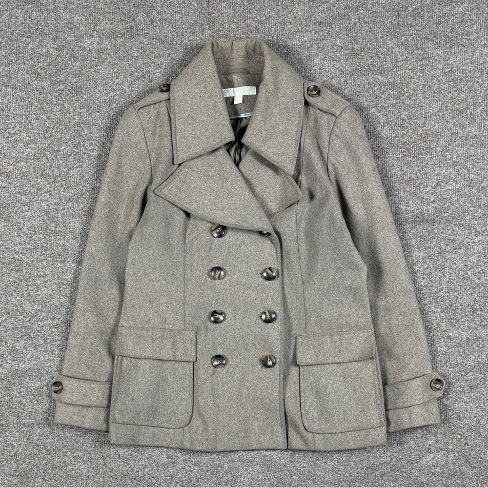 Taupe Wool Blend Double Breasted Short Pea Coat Womens‎ L Tailored Winter Jacket